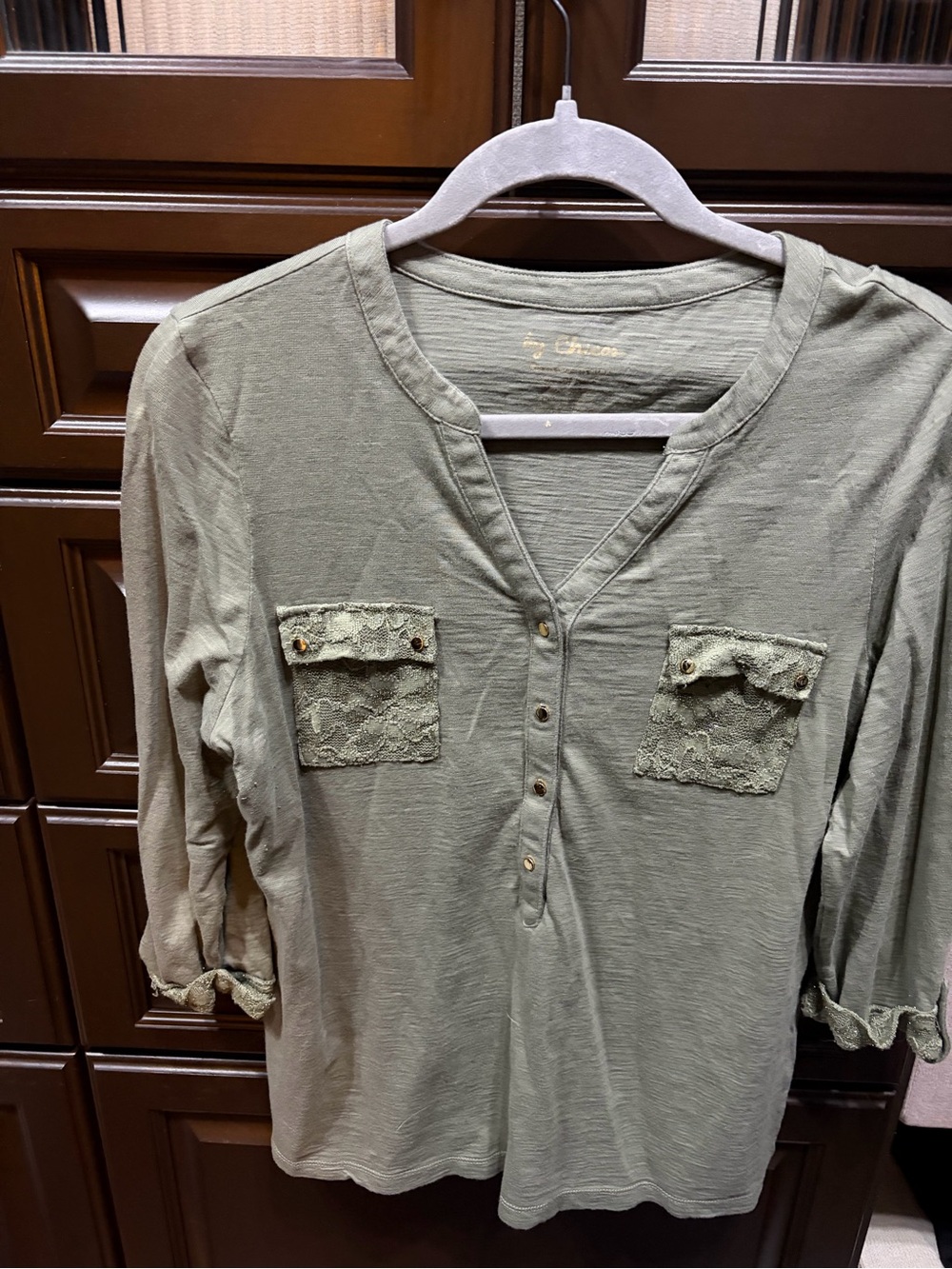 Chico's Olive Green Lace-Pocket Henley Button Down
